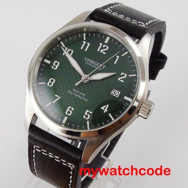 40mm corgeut green dial date window 316l stainless steel case black leather strap nh35 self-winding movement men's watch, Slivery;brown
40mm corgeut green dial date window 316l stainless steel case black leather strap nh35 self-winding movement men's watch, Slivery;brown
