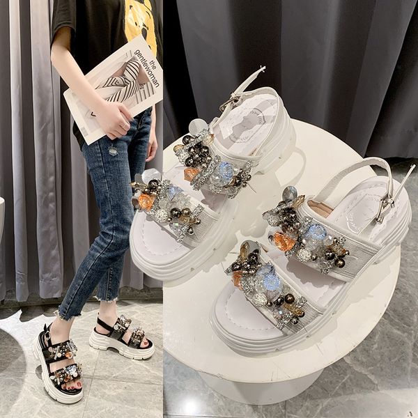 brand women's sandals summer 2020 thick bottom breathable beading fashion thick bottom women's shoes casual open toe sandals, Black