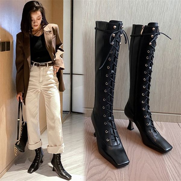 boots pxelena brand lace up strange heels knee high women square toe genuine leather riding fashion lady shoes office, Black
boots pxelena brand lace up strange heels knee high women square toe genuine leather riding fashion lady shoes office, Black