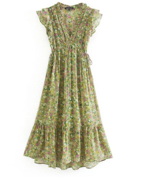 chiffon v-neck low cut drawstring waistband flutter sleeve retro chic floral print a-line one-piece dress, Black;gray
chiffon v-neck low cut drawstring waistband flutter sleeve retro chic floral print a-line one-piece dress, Black;gray