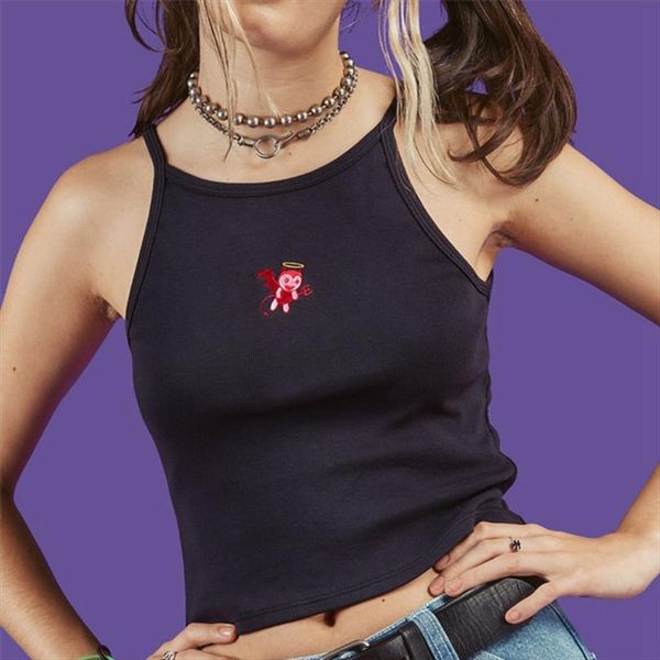 women small demon embroidery tank 2020 female slip crop camis club camisoles ladies short tight shirt, White
women small demon embroidery tank 2020 female slip crop camis club camisoles ladies short tight shirt, White