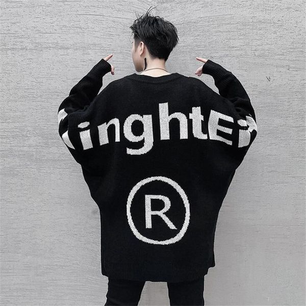 men round-collar oversized punk sweater ripped hole hip hop pullover men's batwing sleeve letters knit sweater, White;black
men round-collar oversized punk sweater ripped hole hip hop pullover men's batwing sleeve letters knit sweater, White;black