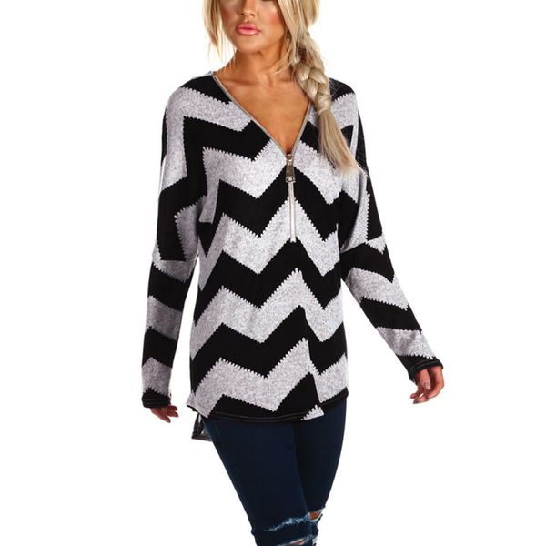 striped print women sweaters zipper deep v neck batwing long sleeve elagant clothing irregular office lady pullovers, White;black 
striped print women sweaters zipper deep v neck batwing long sleeve elagant clothing irregular office lady pullovers, White;black