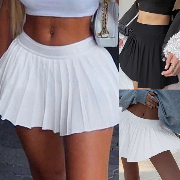 summer solid color pleated sports fashion casual pleated skirt, Black 
summer solid color pleated sports fashion casual pleated skirt, Black