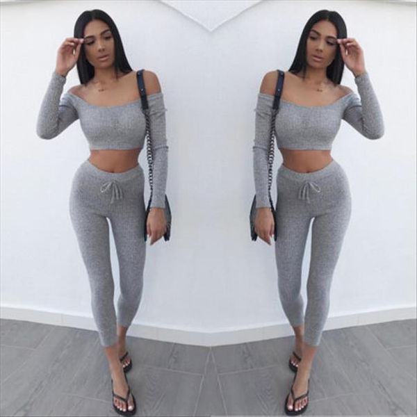 women suit outfit two piece set off shoulder long sleeve crop legging sweatpants set crop solid set, Gray
women suit outfit two piece set off shoulder long sleeve crop legging sweatpants set crop solid set, Gray