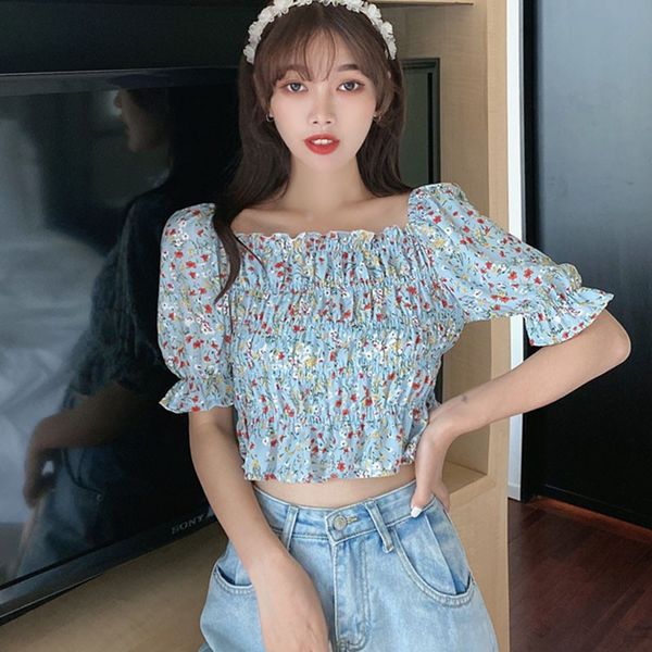 women chiffon shirts square collar slim-fit pleated short sleeve female blouse sweet floral print crop, White
women chiffon shirts square collar slim-fit pleated short sleeve female blouse sweet floral print crop, White
