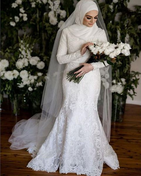 modest muslim mermaid wedding dresses long sleeves high neck appliqued lace bridal gowns gorgeous gelinlik in dubai islamic bride dress, White
modest muslim mermaid wedding dresses long sleeves high neck appliqued lace bridal gowns gorgeous gelinlik in dubai islamic bride dress, White