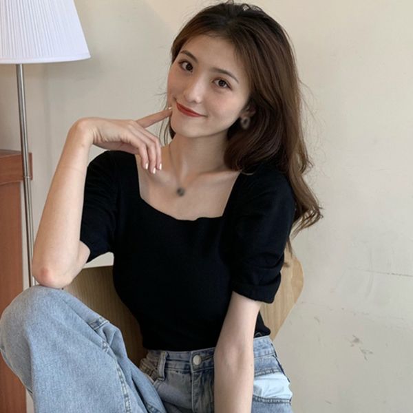women's t-shirt women summer square collar knitted slim female short sleeve t-shirts, White
women's t-shirt women summer square collar knitted slim female short sleeve t-shirts, White