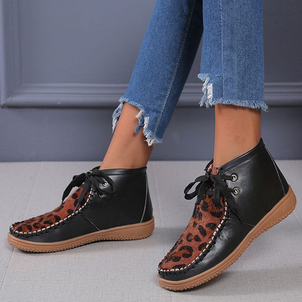 women leopard ankle boots ladies non-slip lace up short boot casual comfort new female cross tied pu leather sewing shoes, Black
women leopard ankle boots ladies non-slip lace up short boot casual comfort new female cross tied pu leather sewing shoes, Black