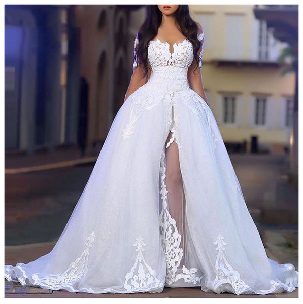 2021 arabic garden ivory wedding dresses bridal gowns appliques lace side split overskirts bride dress off shoulder, White
2021 arabic garden ivory wedding dresses bridal gowns appliques lace side split overskirts bride dress off shoulder, White