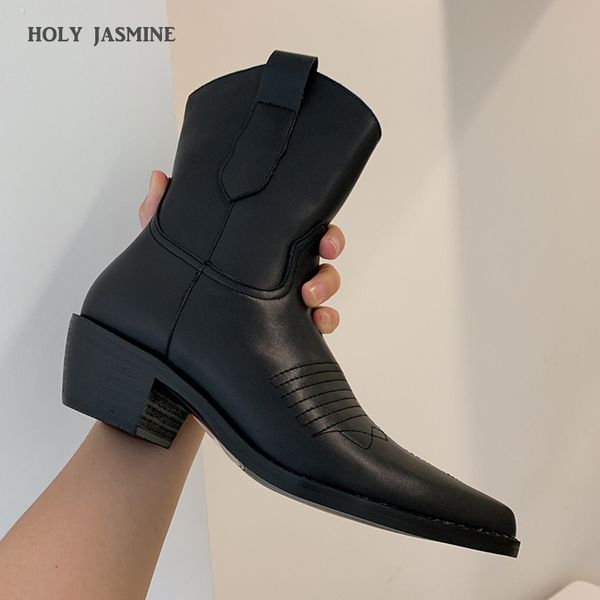 western ankle boots cowboy women booties fashion pointed toe shoes female thick heels cuban leather shoes ladies 2020 autumn new, Black