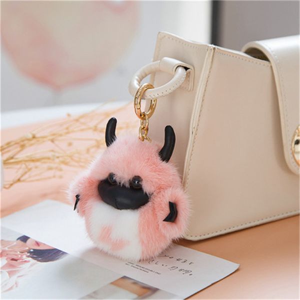 100% real genuine fur cow toy keyring handbag keychain car phone pandent, Silver