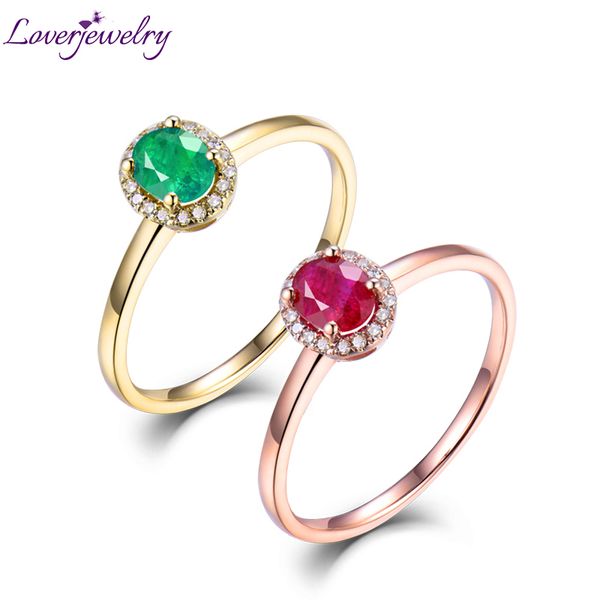 

14kt yellow gold rings for women eternity love engagement ring natural oval emerald ruby gemstone diamonds lady jewelry in stock t200905, Slivery;golden