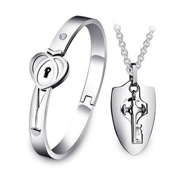 his and hers korean style titanium hold the key to my heart forever double heart bangle bracelet and pendant necklace, Silver 
his and hers korean style titanium hold the key to my heart forever double heart bangle bracelet and pendant necklace, Silver