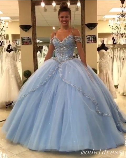 2020 Princess Light Sky Blue Quinceanera Dresses Spaghetti Sweep Train Major Beading vestidos de quinceañera Prom Party Gowns For Sweet 15
2020 Princess Light Sky Blue Quinceanera Dresses Spaghetti Sweep Train Major Beading vestidos de quinceañera Prom Party Gowns For Sweet 15