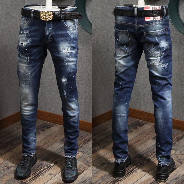 zipper accent damaged jeans man cool guy fit paint effect worn out slim leg for male, Blue
zipper accent damaged jeans man cool guy fit paint effect worn out slim leg for male, Blue