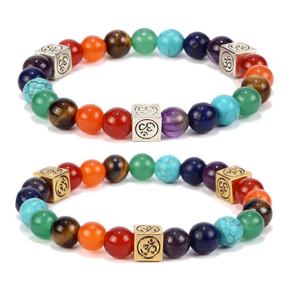 european and american new square alloy seven yoga energy stone colored h string natural men women bracelet, Black
european and american new square alloy seven yoga energy stone colored h string natural men women bracelet, Black