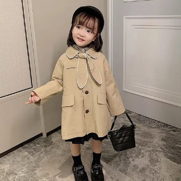 korean style fashion girls embroidery long trench coats autumn kids loose jackets with detachable collar, Blue;gray
