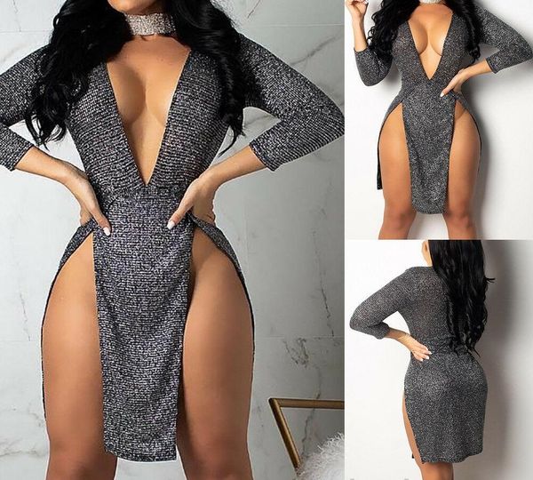 women high side split night clubwear short dress femael long sleeve low cut deep v neck bodycon slim fit party wear dress, Black;gray
women high side split night clubwear short dress femael long sleeve low cut deep v neck bodycon slim fit party wear dress, Black;gray