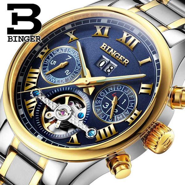 wristwatches switzerland binger men's watch tourbillon sapphire luminous multiple functions mechanical b8602-7, Slivery;brown