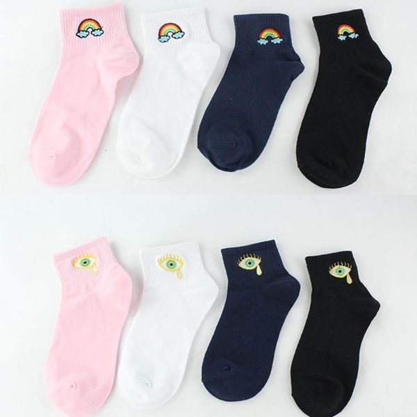 men's socks japan harajuku fashion women creative cartoon embroidery rainbow eyes pattern cotton cute novelty funny, Black 
men's socks japan harajuku fashion women creative cartoon embroidery rainbow eyes pattern cotton cute novelty funny, Black