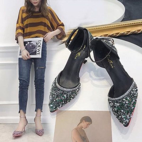 summer 2020 new women's sandals comfortable buckle rhinestone sequins pointed toe baotou fine heel high heel women sandals, Black
summer 2020 new women's sandals comfortable buckle rhinestone sequins pointed toe baotou fine heel high heel women sandals, Black