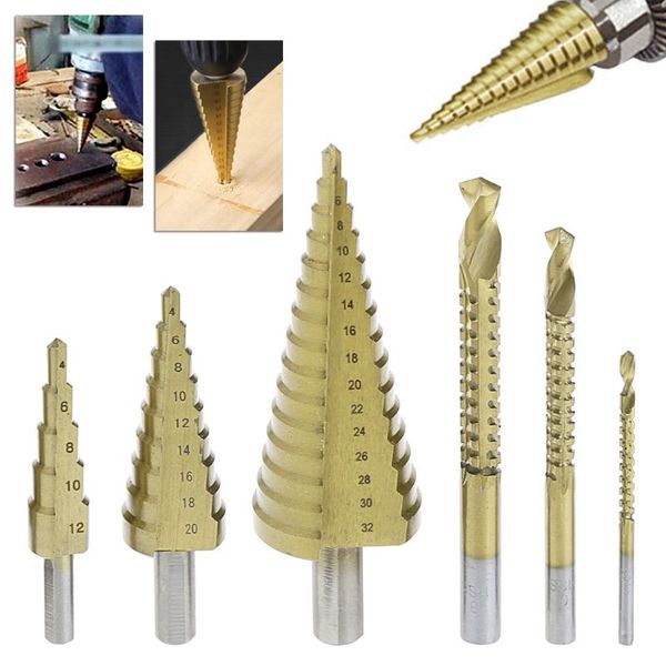 6 pcs/set hss steel titanium coated step drill bit hole cutter 4-32mm metal tool 6xdd
6 pcs/set hss steel titanium coated step drill bit hole cutter 4-32mm metal tool 6xdd
