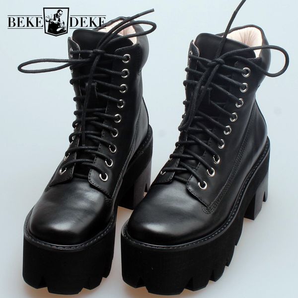 winter women fleece lining thick platform ankle boots casual block high heels riding safety shoes lace up genuine leather boots, Black 
winter women fleece lining thick platform ankle boots casual block high heels riding safety shoes lace up genuine leather boots, Black
