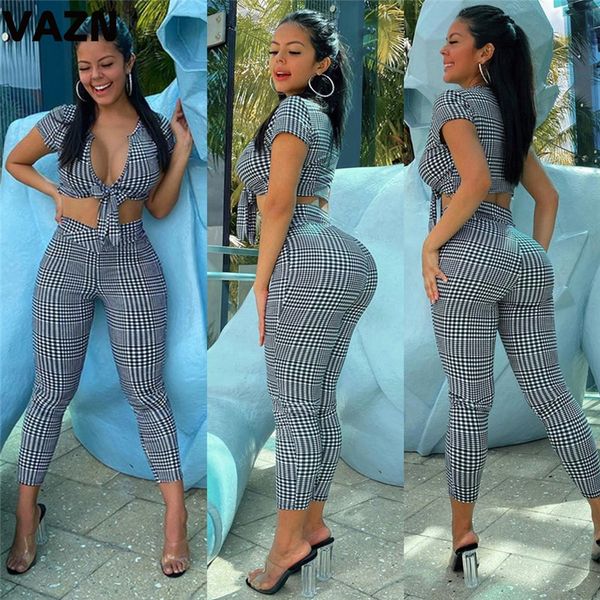 women's tracksuits vazn high street 2021 summer lady colors plaid 2-piece set short sleeve knotted mid-calf pants skinny sets, Gray
women's tracksuits vazn high street 2021 summer lady colors plaid 2-piece set short sleeve knotted mid-calf pants skinny sets, Gray