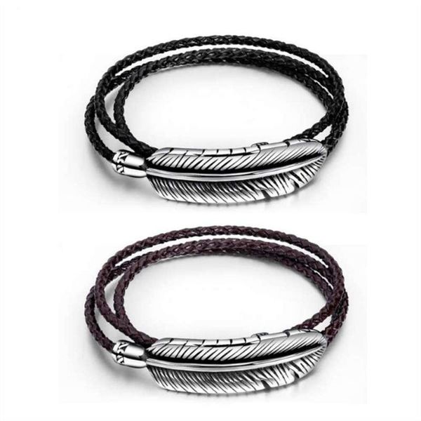 men jewelry multilayer braiding leather titanium steel feather bracelet bangle so159, Black 
men jewelry multilayer braiding leather titanium steel feather bracelet bangle so159, Black
