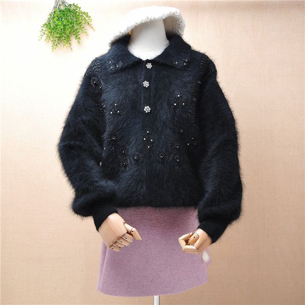 women female winter angora fur vintage beading turn-down neck long batwing sleeves pullover jumper, White;black
women female winter angora fur vintage beading turn-down neck long batwing sleeves pullover jumper, White;black
