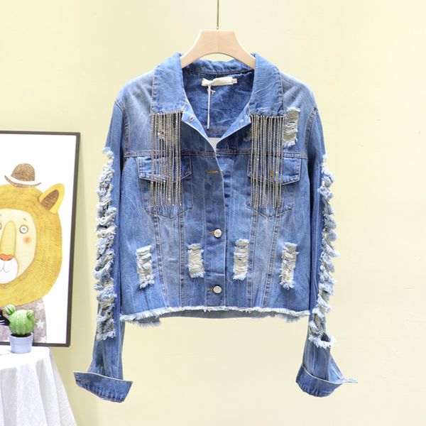 short hole ripped jeans coat women's 2020 autumn new korean-style heavy industry lettered tassel jacke women's denim shirt coat, Black;brown
short hole ripped jeans coat women's 2020 autumn new korean-style heavy industry lettered tassel jacke women's denim shirt coat, Black;brown