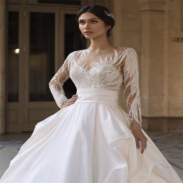 gorgeous long sleeves wedding dresses illusion sequins beaded appliqued chapel bridal gown ruched satin custom made vestidos de novia, White
gorgeous long sleeves wedding dresses illusion sequins beaded appliqued chapel bridal gown ruched satin custom made vestidos de novia, White