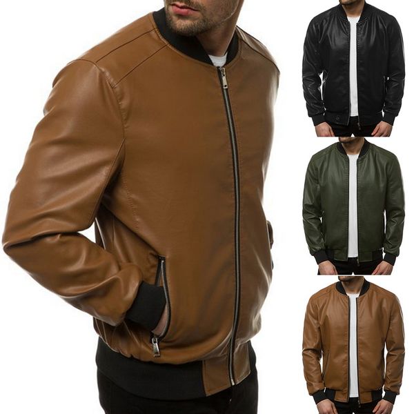 men motocycle pu leather jacket vintage black zipper male bomber jacket fashion streetwear pocket stand collar men leather coat, Black;brown
men motocycle pu leather jacket vintage black zipper male bomber jacket fashion streetwear pocket stand collar men leather coat, Black;brown