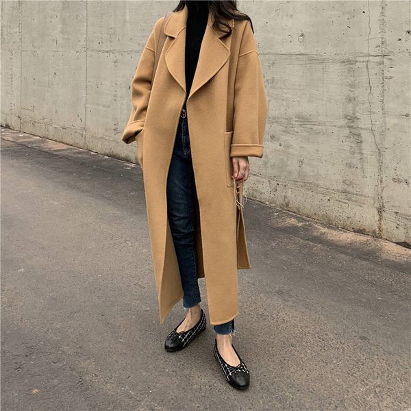 2020 new autumn winter women loose long double-face cashmere wool blend coat with belt female korean woolen outerwear r76, Black
2020 new autumn winter women loose long double-face cashmere wool blend coat with belt female korean woolen outerwear r76, Black