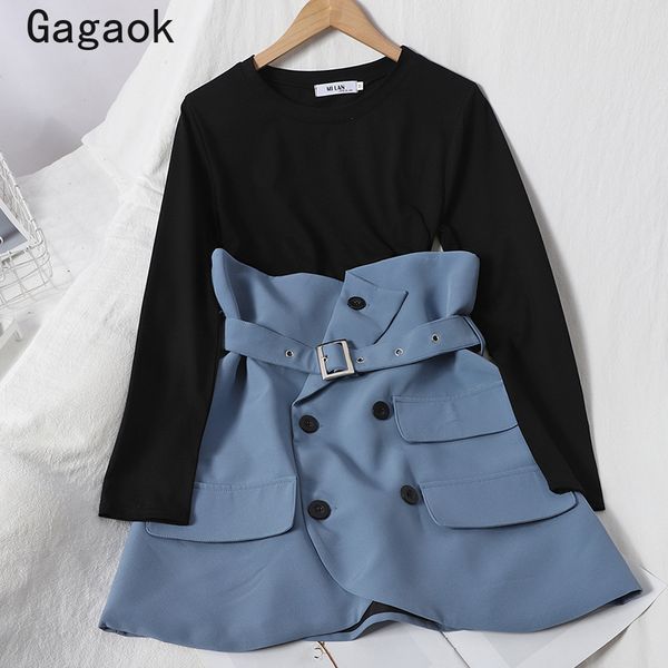 gagaok office lady women full two piece set 2020 spring autumn new o-neck solid wild t-shirt + sashes button mini wild skirt, Gray 
gagaok office lady women full two piece set 2020 spring autumn new o-neck solid wild t-shirt + sashes button mini wild skirt, Gray