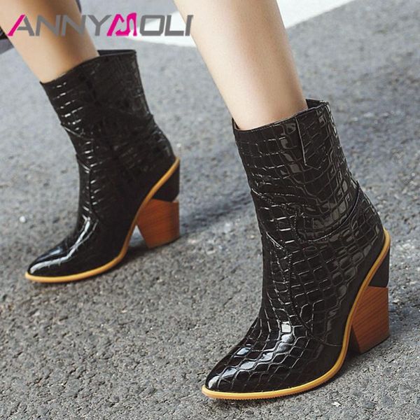 annymoli western boots women shoes extreme high heel mid calf boots pointed toe wedge heels ladies winter black white 46