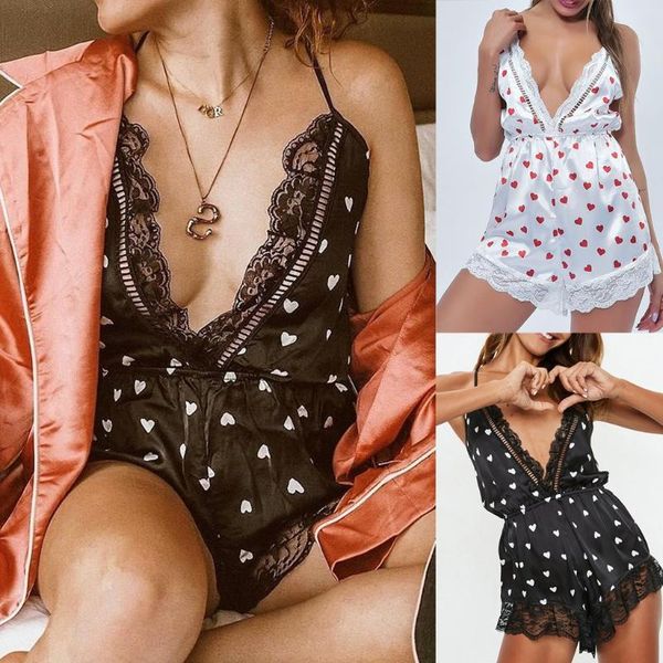 new women satin eyelash lace trim pajamas jumpsuit silk lingerie sleepwear#s, Black;red
new women satin eyelash lace trim pajamas jumpsuit silk lingerie sleepwear#s, Black;red