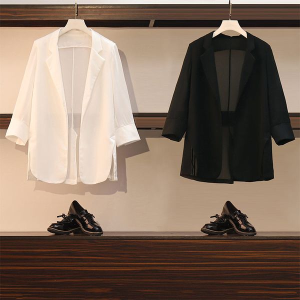 3/4 sleeve simple solid color plus size sunscreen clothing female loose casual women's summer suit jacket thin cardigan k497, White;black
3/4 sleeve simple solid color plus size sunscreen clothing female loose casual women's summer suit jacket thin cardigan k497, White;black