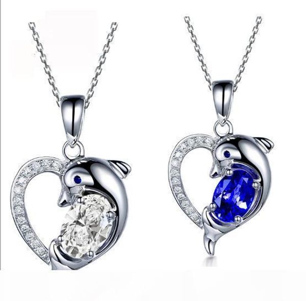 белое золото покрыло 100% real стерлингового серебра 925 ожерелье сердца дельфина с цепочкой, белый и синий цвета, Silver