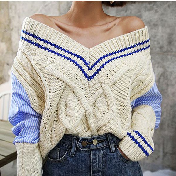 twist v neck knitted sweater off shoulder patchwork striped pulover feminino loose white blue c.h.i.c korean style women autumn, White;black