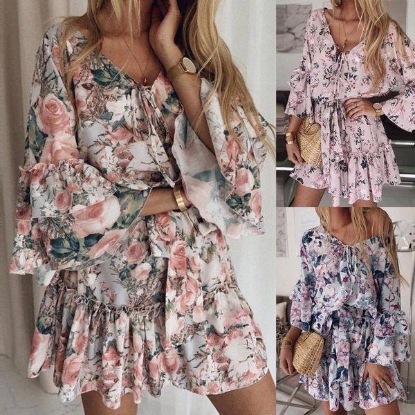 women v neck long sleeve floral print ruffled hem bandage party mini dress, Black;gray
women v neck long sleeve floral print ruffled hem bandage party mini dress, Black;gray