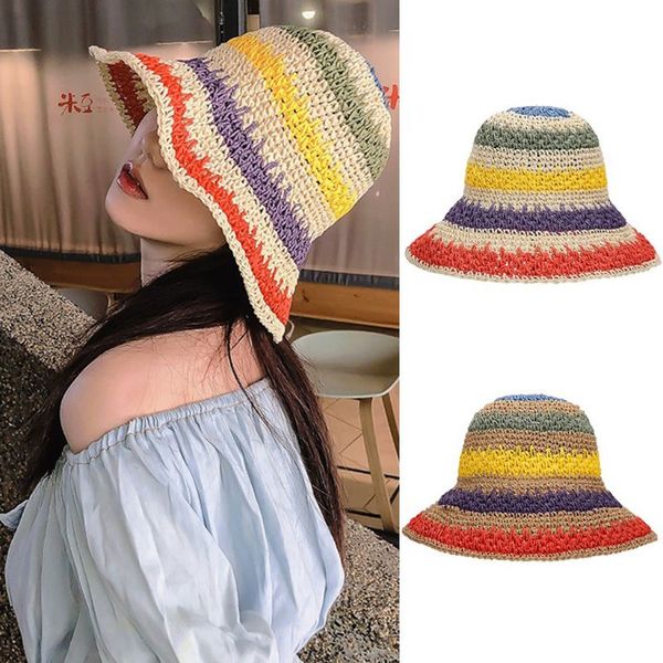 women handmade crochet straw sun hat rainbow colorful stripe sunscreen beach cap, Blue;gray
women handmade crochet straw sun hat rainbow colorful stripe sunscreen beach cap, Blue;gray