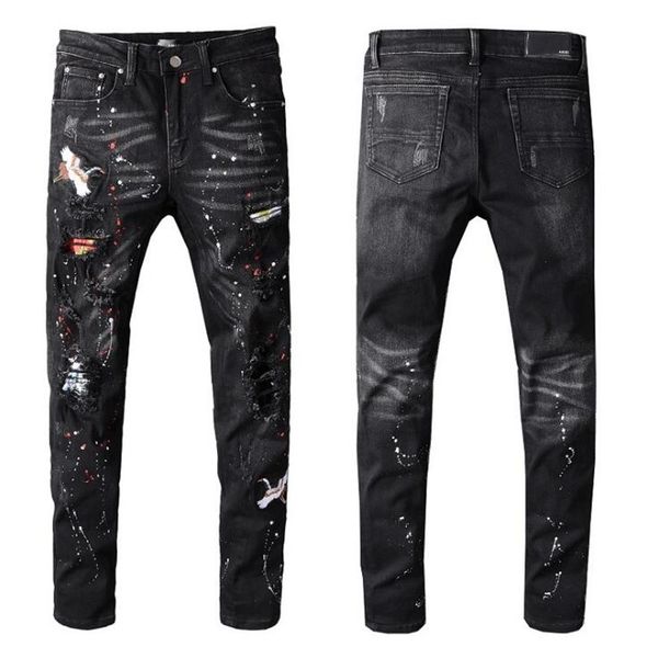 2020 new men's black bird embroidered painted ripped jeans streetwear holes patchwork stretch denim pants skinny pencil trousers, Blue
2020 new men's black bird embroidered painted ripped jeans streetwear holes patchwork stretch denim pants skinny pencil trousers, Blue