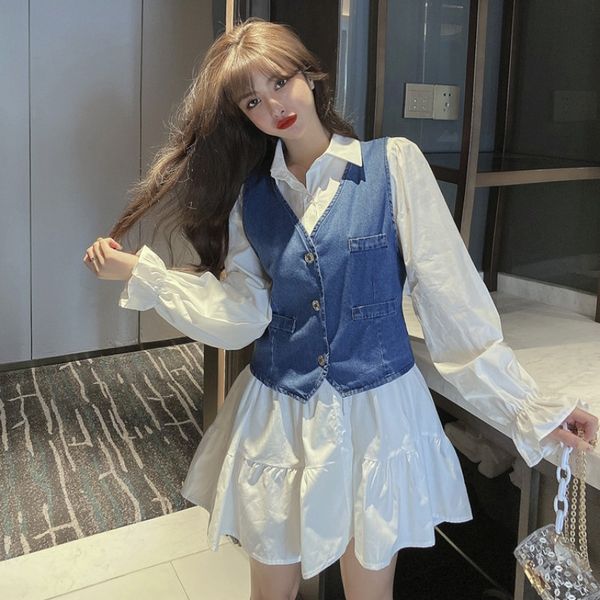women dresses small two-piece suit women fashion denim vest college wind bell sleeve sweet solid color shirt dress fashion, White;black
women dresses small two-piece suit women fashion denim vest college wind bell sleeve sweet solid color shirt dress fashion, White;black