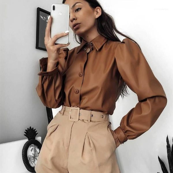 long puff sleeved lapel neck shirts fashion womens shirts pu leather women designer shirts fshion solid color casual, White
long puff sleeved lapel neck shirts fashion womens shirts pu leather women designer shirts fshion solid color casual, White