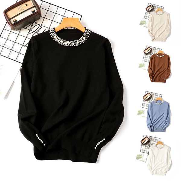 women knitted sweater fashion loose pullovers jumper causal knitwear bottoming pearls round neck women autumn winter, White;black
women knitted sweater fashion loose pullovers jumper causal knitwear bottoming pearls round neck women autumn winter, White;black
