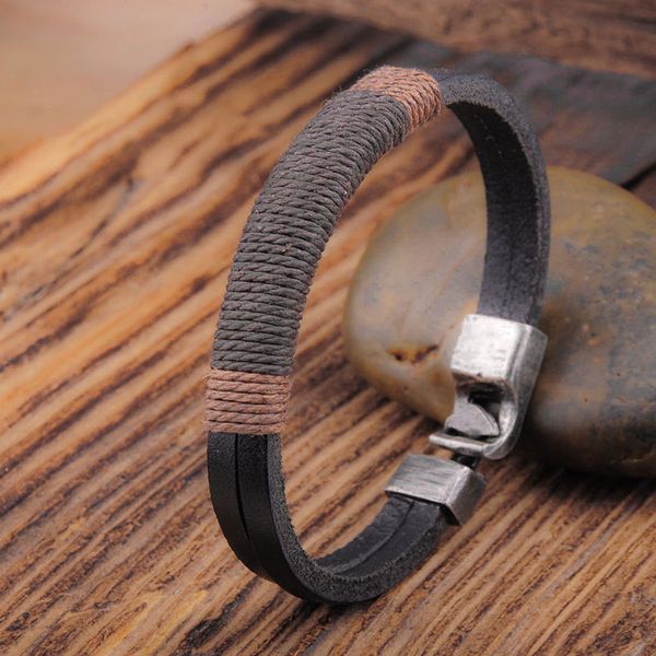 fashion design double row gunny bag leather punk bracelet double row gunny bag leather men's knitted bracelet jewelry, Black