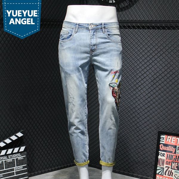 men's jeans fashion mens vintage denim pencil pants embroidery printed slim fit ankle length trousers streetwear casual man, Blue
men's jeans fashion mens vintage denim pencil pants embroidery printed slim fit ankle length trousers streetwear casual man, Blue