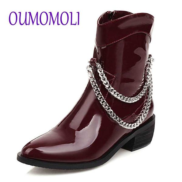 women mid-calf boots women's fashion chain shoes woman patent leather ladies chunky heels female punk rome footwear v182, Black
women mid-calf boots women's fashion chain shoes woman patent leather ladies chunky heels female punk rome footwear v182, Black